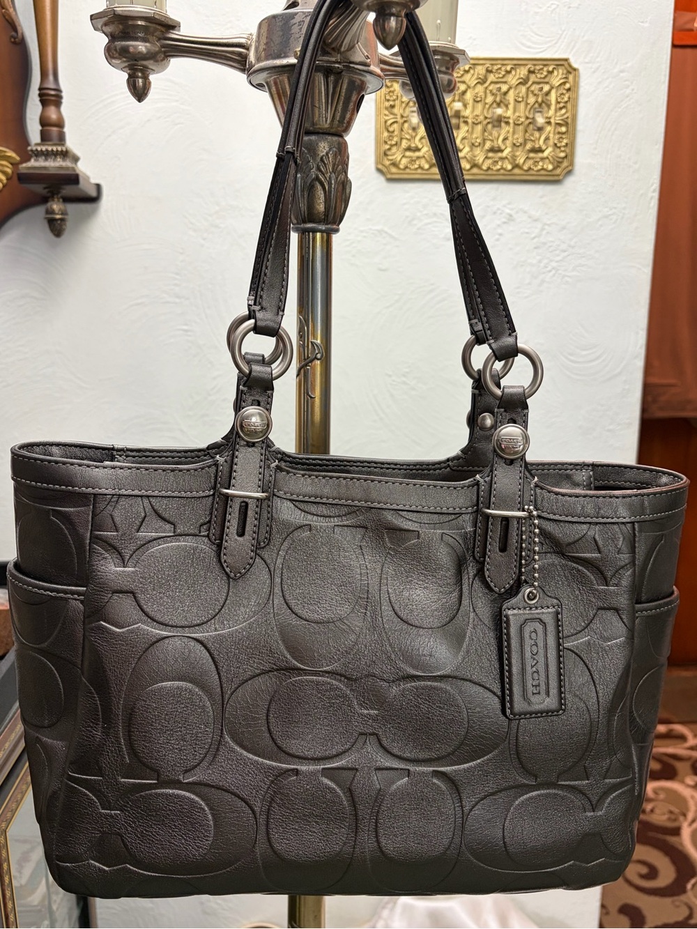 Coach F15242 Bag Charcoal Gray Metallic Leather